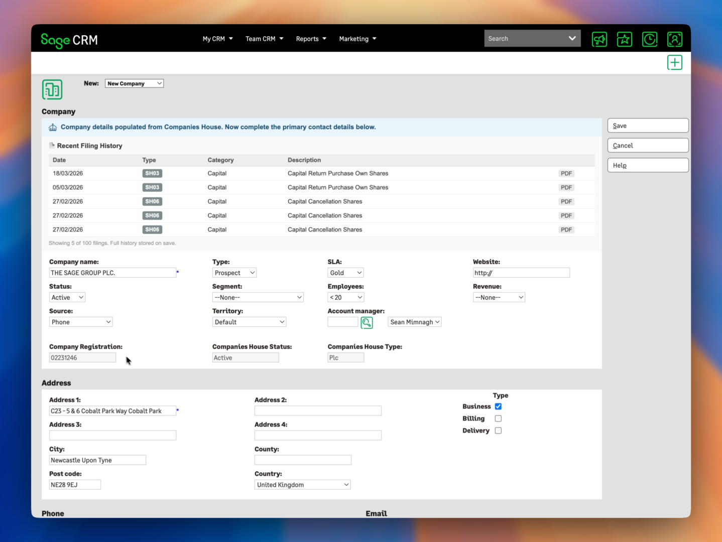 Companies House for Sage CRM